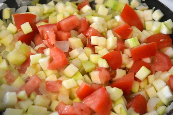 Healthy Food Delicious Vegetable Stew Tomatoes Zucchini Onions Cut Cubes — Fotografie, imagine de stoc