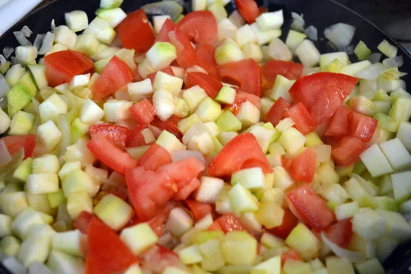 Healthy Food Delicious Vegetable Stew Tomatoes Zucchini Onions Cut Cubes — Fotografie, imagine de stoc