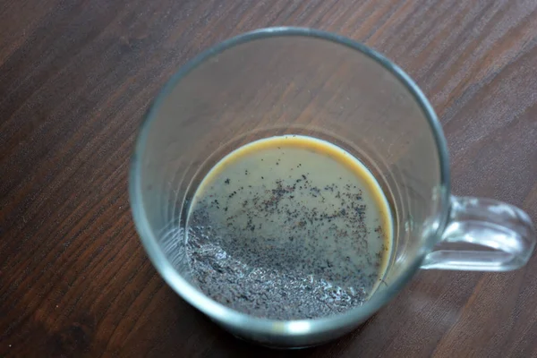 Transparent Pleasant Glass Cup Natural Brewed Coffee Milk Located Dark — Stok fotoğraf