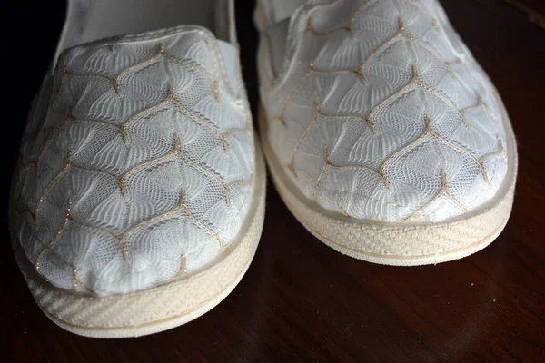 Women Summer Shoes Made Natural Woven Fabric White Flat Soles — Photo