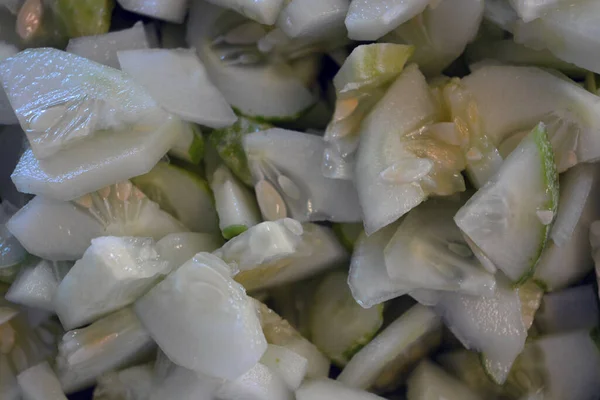 Lots Sliced Ripe Cucumbers Piled Large White Salad Bowl Useful — Stock Photo, Image