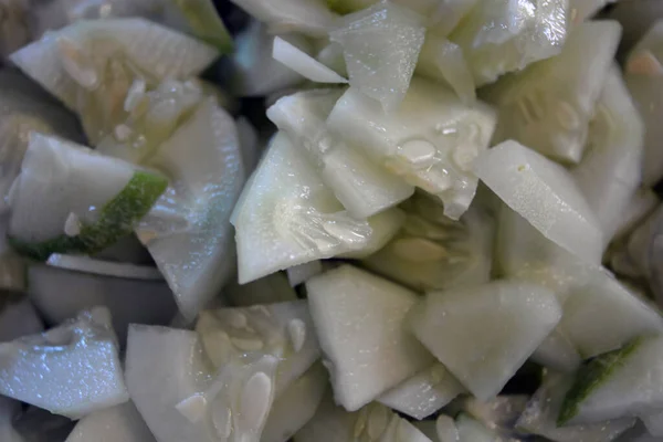 Lots Sliced Ripe Cucumbers Piled Large White Salad Bowl Useful — Stock Photo, Image