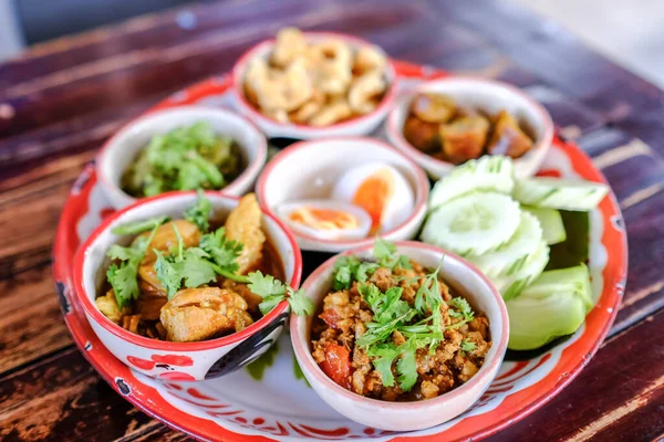 Northern Traditional Thai Food Set Called Kantoke Dinner Consist Crispy — Stock Photo, Image