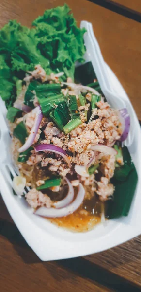 Saláta Fűszeres Darált Sertéshús Földi Pork Saláta Laab Egy Thai — Stock Fotó