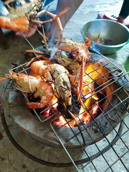 Grilled Shrimp Giant Freshwater Prawn Grilling Charcoal Sale Thai Street — Stock Photo, Image