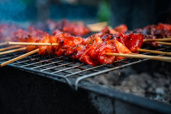 Grillattu Kanakastike Thaimaalaista Grilliruokaa Kanaa Kastiketta Ruoanlaitto Puuhiilellä Liekkien Thai — kuvapankkivalokuva