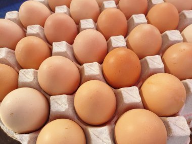 Süpermarkette günlük taze yumurta ürünleri satılıyor. Tayland 'da yumurta fiyatları Tayland ekonomisinin bir göstergesi olabilir.