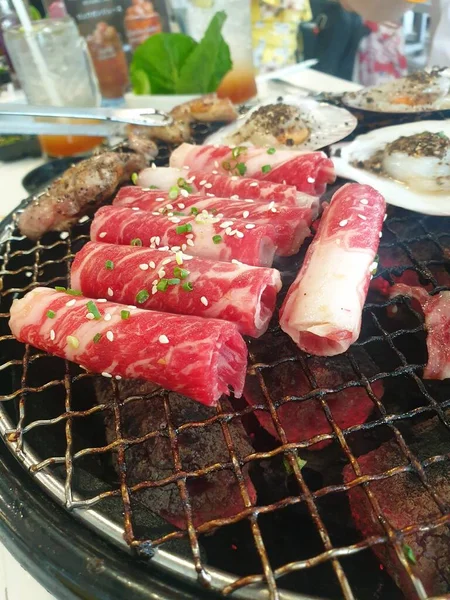 Grilled Raw Meat Beef Pork Barbeque Bbq Food Cooking Wagyu — Stock Photo, Image