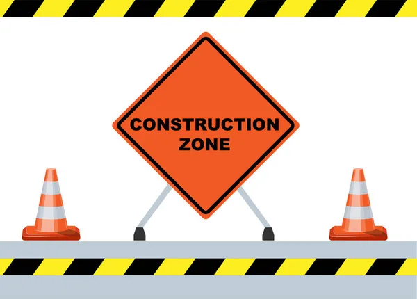 Zone en construction, cônes routiers, illustration vectorielle de bande d'avertissement — Image vectorielle