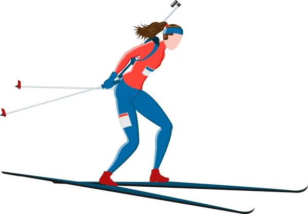 Women biathlon athlete skiing with a rifle behind, vector illustration — Stock Vector