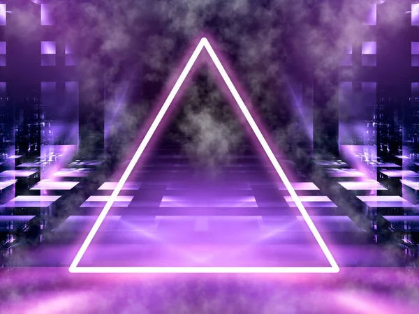 Triángulo luminoso de neón, niebla y paredes brillantes - ilustración abstracta 3D — Foto de Stock
