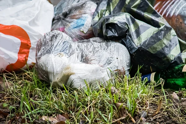 Garbage in plastic bags lies on the grass. Environmental pollution. Ecological problems concept.
