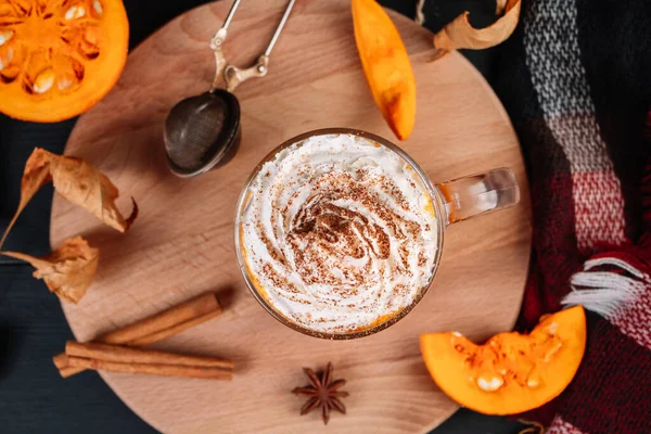 Pumpkin Coffee Latte Whipped Cream Dark Background Hot Autumn Drink — Stock Photo, Image