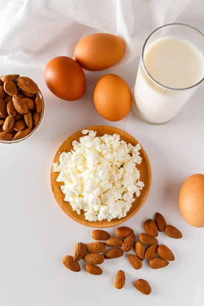 Conjunto Alimentos Saludables Para Una Dieta Equilibrada Queso Cabaña Huevos — Foto de Stock
