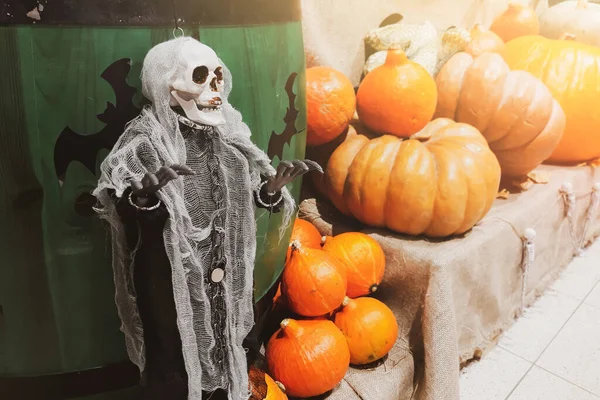 Halloween Dekoration Skelett Und Frische Kürbisse Bauernmarkt Reifes Gemüse Den — Stockfoto