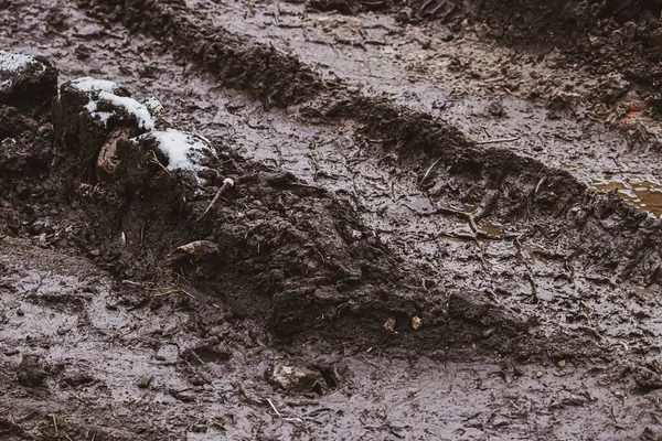 肮脏的特写纹理 雨后湿湿的泥土 秋天的泥土表面 尘土飞扬的痕迹 — 图库照片