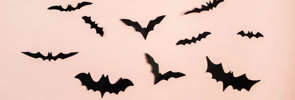 Feliz Dia Das Bruxas Morcegos Fundo Pastel Rosa Formato Banner — Fotografia de Stock