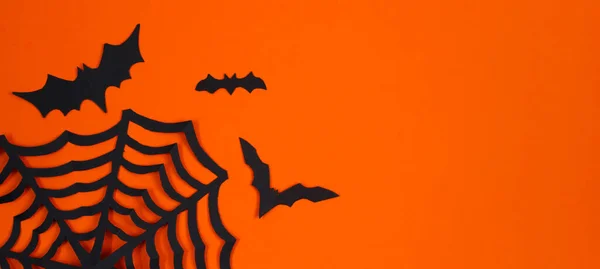 Feliz Dia Das Bruxas Morcegos Papel Fundo Laranja Lugar Para — Fotografia de Stock
