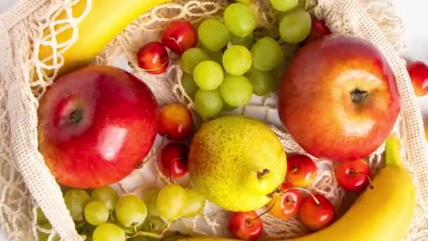 Frutas Maduras Orgânicas Saco Malha Ecológico Bolsa Corda Moda Para — Vídeo de Stock