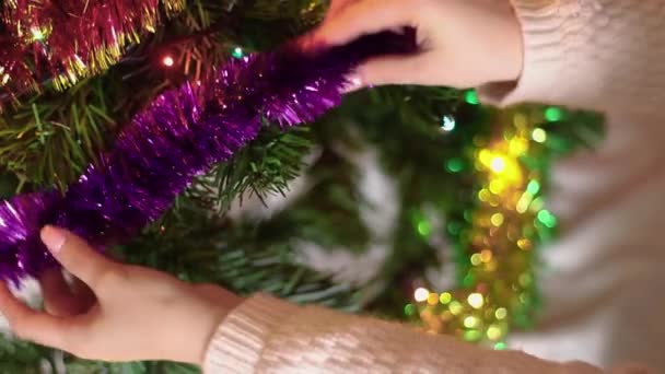 Woman Decorates Christmas Tree Female Hands Hold Christmas Balls Decor — Stock Video