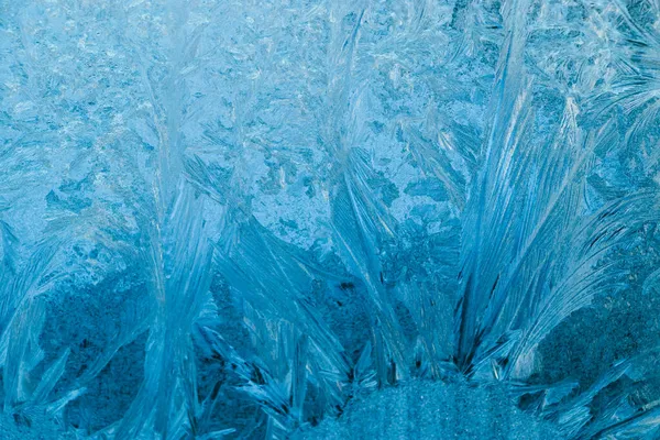 Padrões Gelados Vidro Fundo Natal Gelo Azul Janela Inverno Cristais — Fotografia de Stock