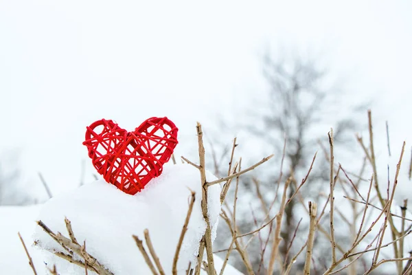 Rotes Herz Aus Holz Auf Dem Hintergrund Schneebedeckter Äste Umweltfreundlicher — Stockfoto