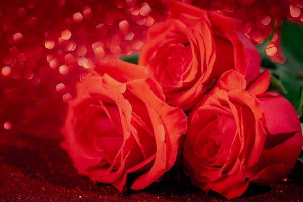 Bouquet of red roses on shiny bokeh background. Valentine's day concept, place for text.