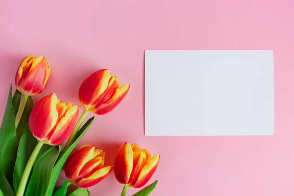 Ramo Tulipanes Frescos Tarjeta Felicitación Sobre Fondo Rosa Feliz Pascua — Foto de Stock