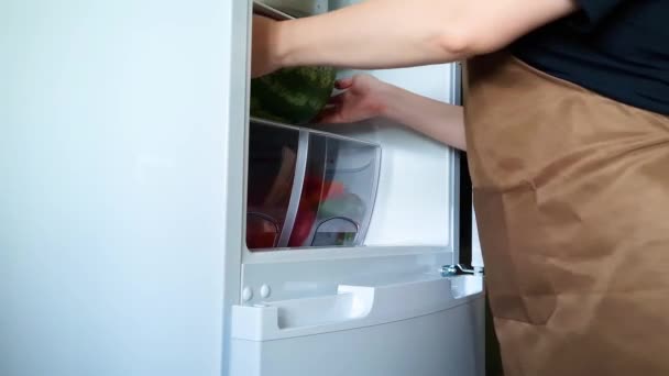 Mulher coloca melancia em fatias frescas na prateleira do refrigerador. Estilo de vida autêntico. Cozinha caseira, preparação de alimentos orgânicos. — Vídeo de Stock