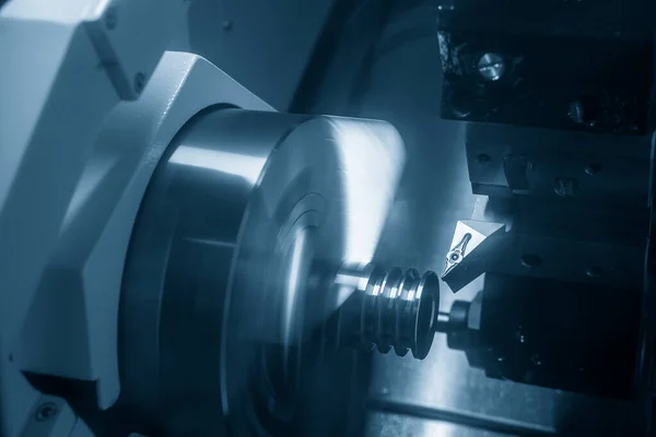 Ranhura Máquina Torno Cnc Cortando Peças Polia Metal Processo Fabricação — Fotografia de Stock
