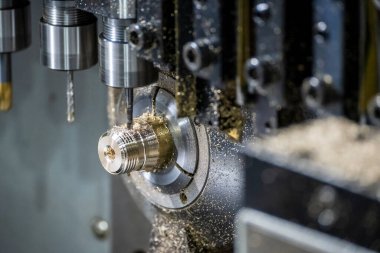 Çoklu görev CNC torna makinesi pirinç montaj parçalarını tıkırdatıyor. Çoklu görev CNC dönüşüm makinesiyle yüksek teknoloji parçaları üretim süreci.