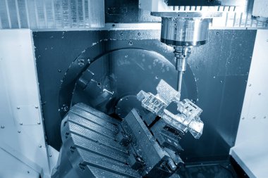 The 5-axis  machining center cutting the aerospace parts with solid ball end mill tool type. The hi-precision automotive manufacturing process by multi-axis CNC milling machine.