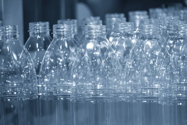 Empty Pet Bottles Conveyor Belt Filling Process Drinking Water Factory — Stock Photo, Image