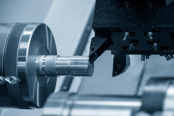 Máquina Torno Cnc Formando Corte Das Peças Eixo Metal Processamento — Fotografia de Stock