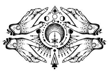 Vektör illüstrasyonu, sihirli astroloji, simya, maneviyat ve okültizm, ellerde sihirli sembol, el yapımı, tişört baskısı, dövme.