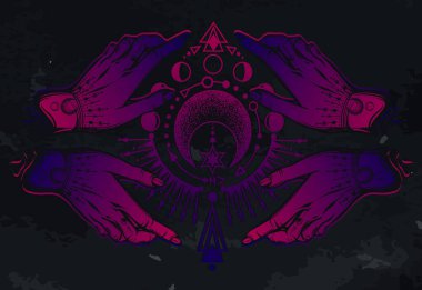 Vektör illüstrasyonu, sihirli astroloji, simya, maneviyat ve okültizm, sihirli sembol ellerde, el yapımı, tişört, dövme, karatahta arka plan