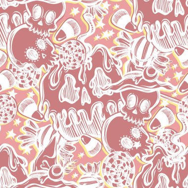 Vektör çizimi, Mutlu Cadılar Bayramı, zehirli elma kafatası, çeşitli tatlılar, mistisizm. El yapımı, parmak izleri, pembe arkaplan, kusursuz desen.