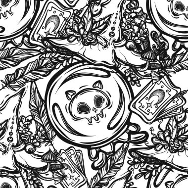 Vektör çizimi, Cadılar Bayramı, kristal küre, mistik, cadılık, cadı şapkası, tarot kartları. El yapımı, baskılar, arka plan beyaz, pürüzsüz desen