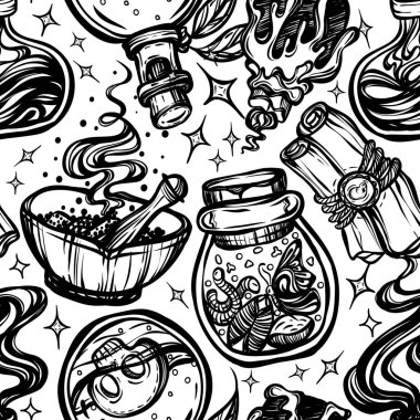 Vector illustration, Halloween, mystic, witchcraft, bottles of potion. handmade, prints, background white, seamless pattern clipart