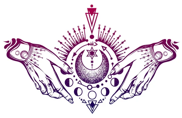 病媒图解 魔法占星术 炼金术 灵修和隐身术 手上的魔法符号 印在T恤衫上 手工制作 — 图库矢量图片