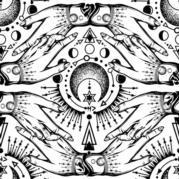 Vector illustration, magical astrology,  Alchemy, spirituality and occultism,magic symbol in hands, Handmade, print on t-shirt, tattoo, light  background, seamless pattern