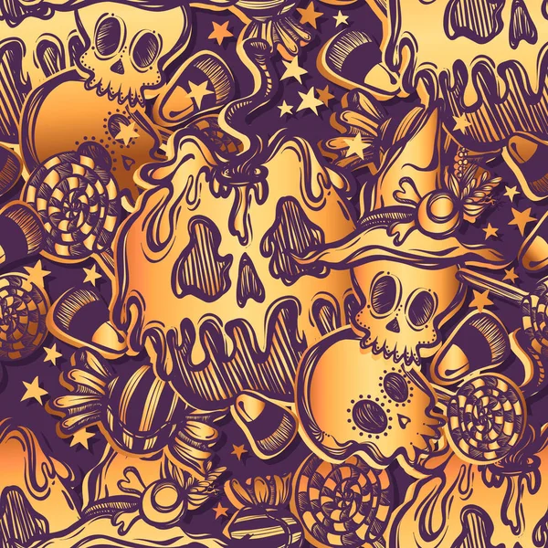 Illustration Vectorielle Joyeux Halloween Pomme Empoisonnée Aux Crânes Bonbons Variés — Image vectorielle