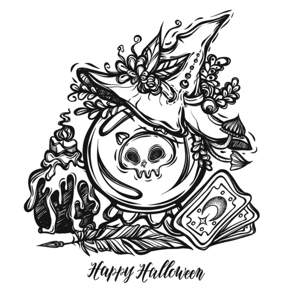 Illustration Vectorielle Halloween Boule Cristal Mystique Sorcellerie Chapeau Sorcière Cartes — Image vectorielle