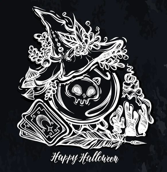 Vektorillustration Halloween Kristallkugel Mystiker Hexerei Hexenhut Tarotkarten Handarbeit Drucke Hintergrundtafel — Stockvektor