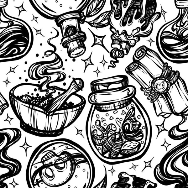 Vector illustration, Halloween, mystic, witchcraft, bottles of potion. handmade, prints, background white, seamless pattern
