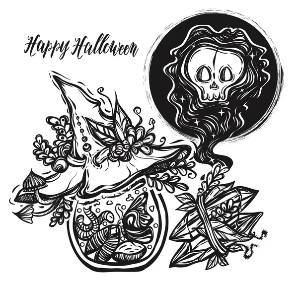 Vektör çizimi, Cadılar Bayramı, mistik, cadılık, iksir şişeleri, cadı şapkası, hayalet. El yapımı, parmak izi, dövme.