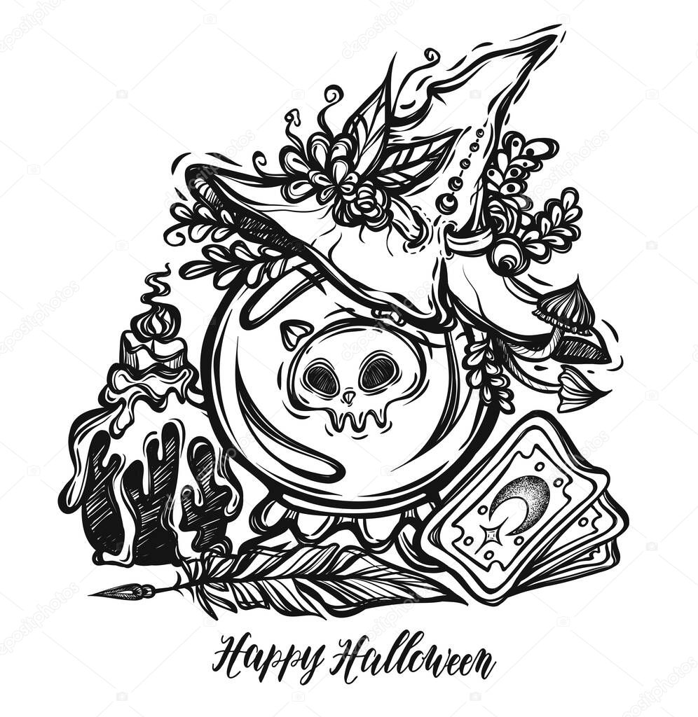 Vector illustration, Halloween,crystal ball, mystic, witchcraft, witch hat, tarot cards. handmade, prints, tattoo