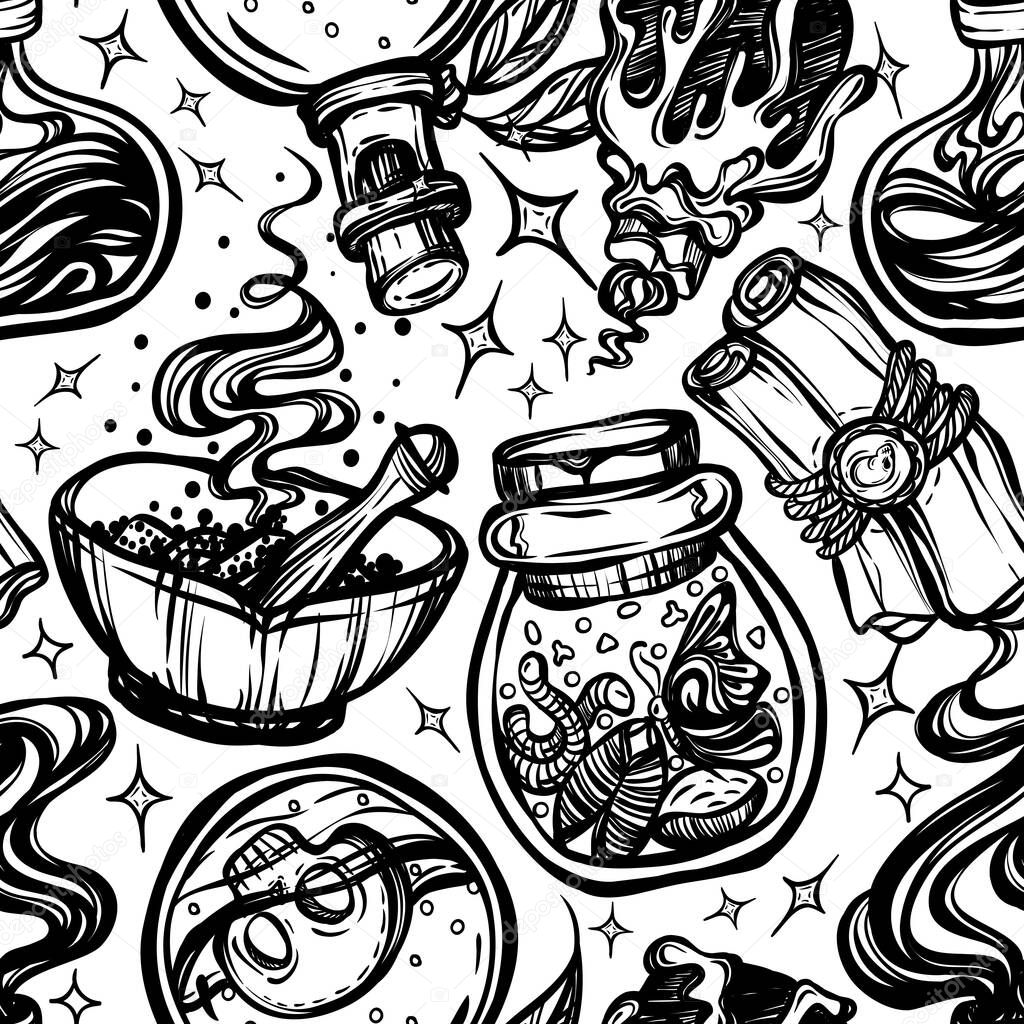 Vector illustration, Halloween, mystic, witchcraft, bottles of potion. handmade, prints, background white, seamless pattern