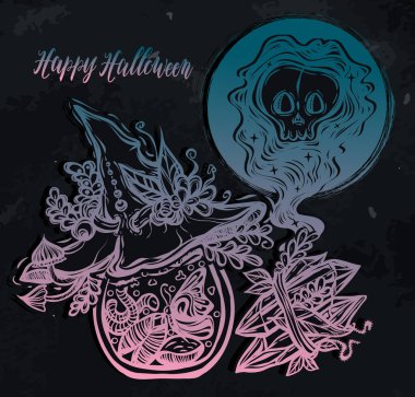 Vektör çizimi, Cadılar Bayramı, mistik, cadılık, iksir şişeleri, cadı şapkası, hayalet. El yapımı, parmak izi, dövme, arkaplan tahtası