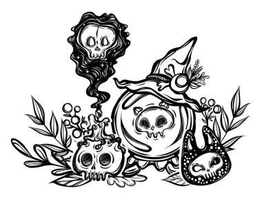 Vektör çizimi, Cadılar Bayramı, kristal küre, mum, hayalet, mistik, cadılık, cadı şapkası. El yapımı, parmak izi, dövme.